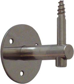 Bild: P03Handlaufhalter in Edelstahl fein geschliffen mit einem Durchmesser an der Wand von 80 mm Ø mit einer Ausladung von 70 mm.
Bohrung im Handlauf 12 mm erforderlich, gewindetiefe ist 25 mm.